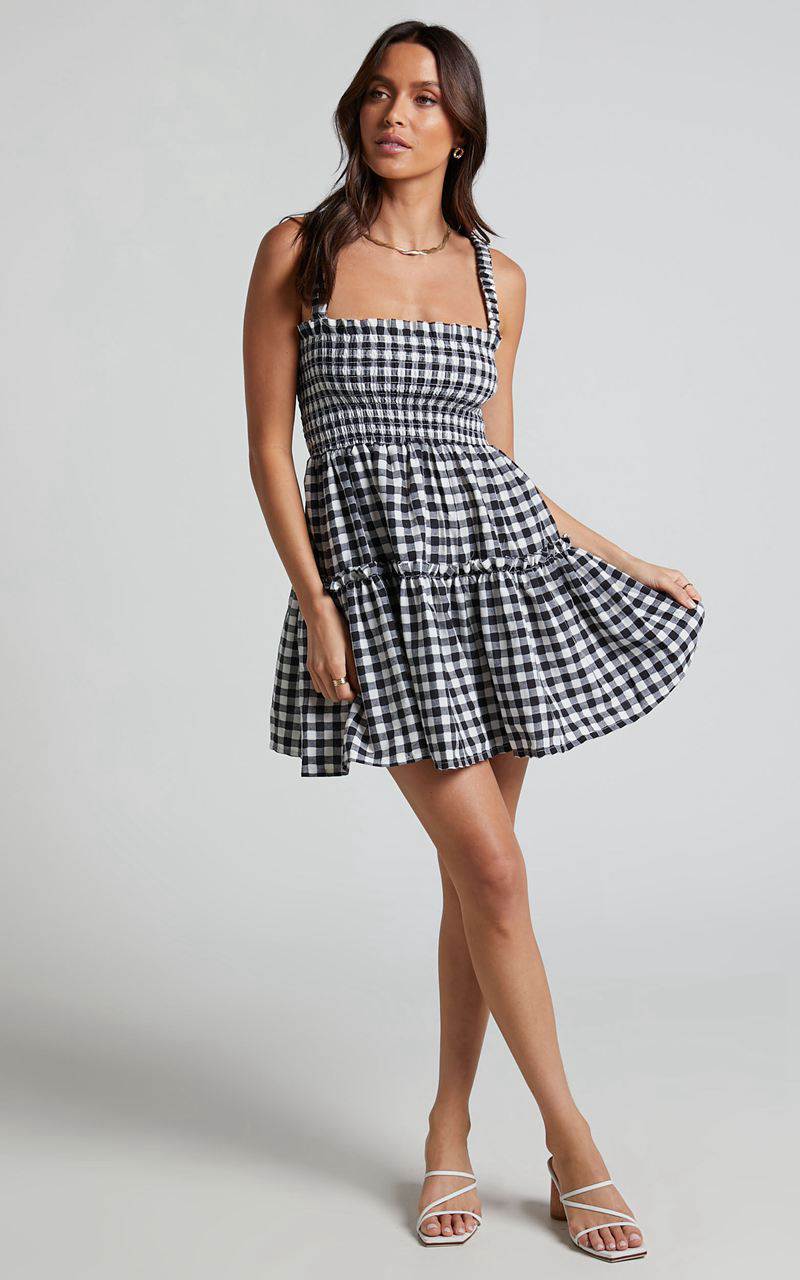 Showpo Wilda Mini Dress - Shirred Tiered Dress Black And White Check | TDRAOI021