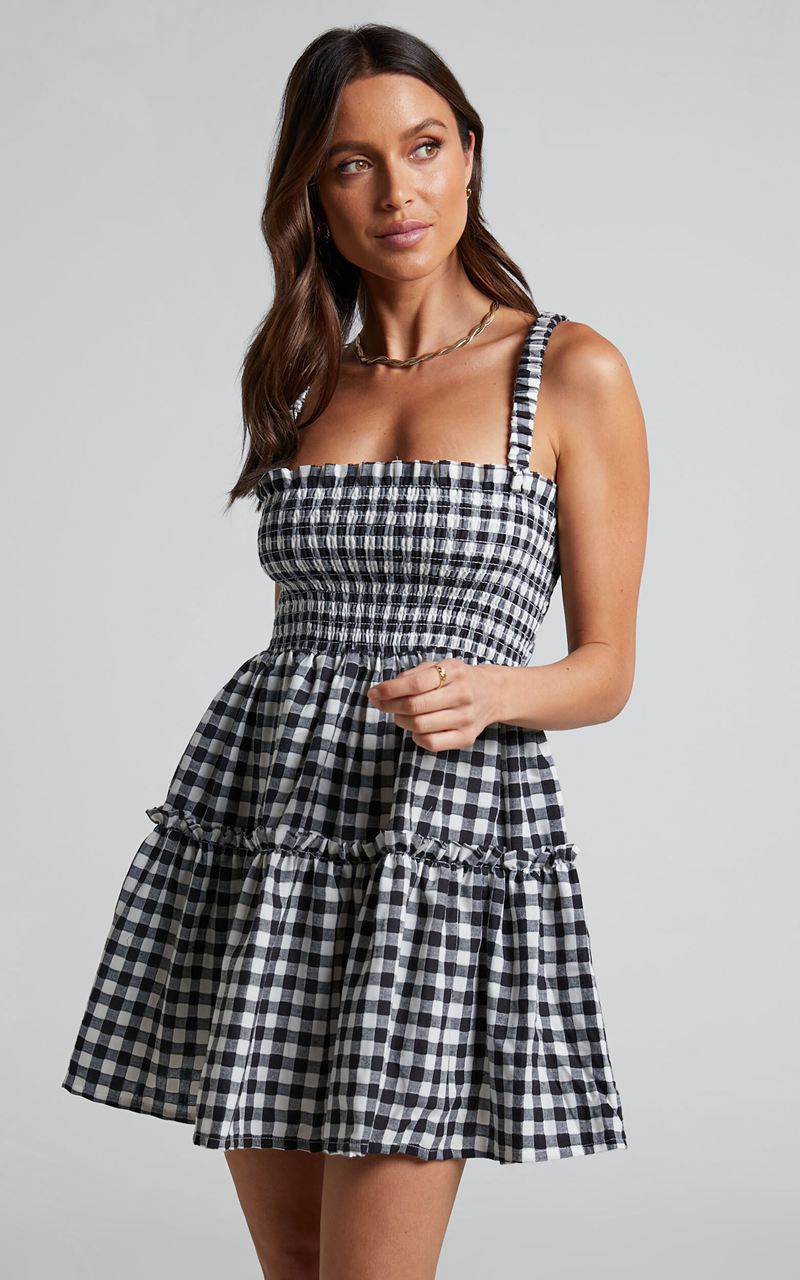 Showpo Wilda Mini Dress - Shirred Tiered Dress Black And White Check | TDRAOI021