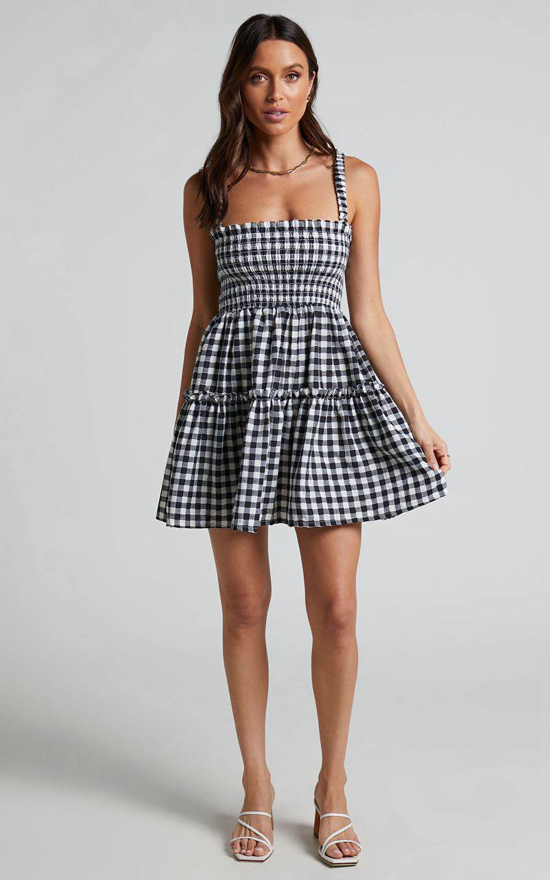 Showpo Wilda Mini Dress - Shirred Tiered Dress Black And White Check | TDRAOI021