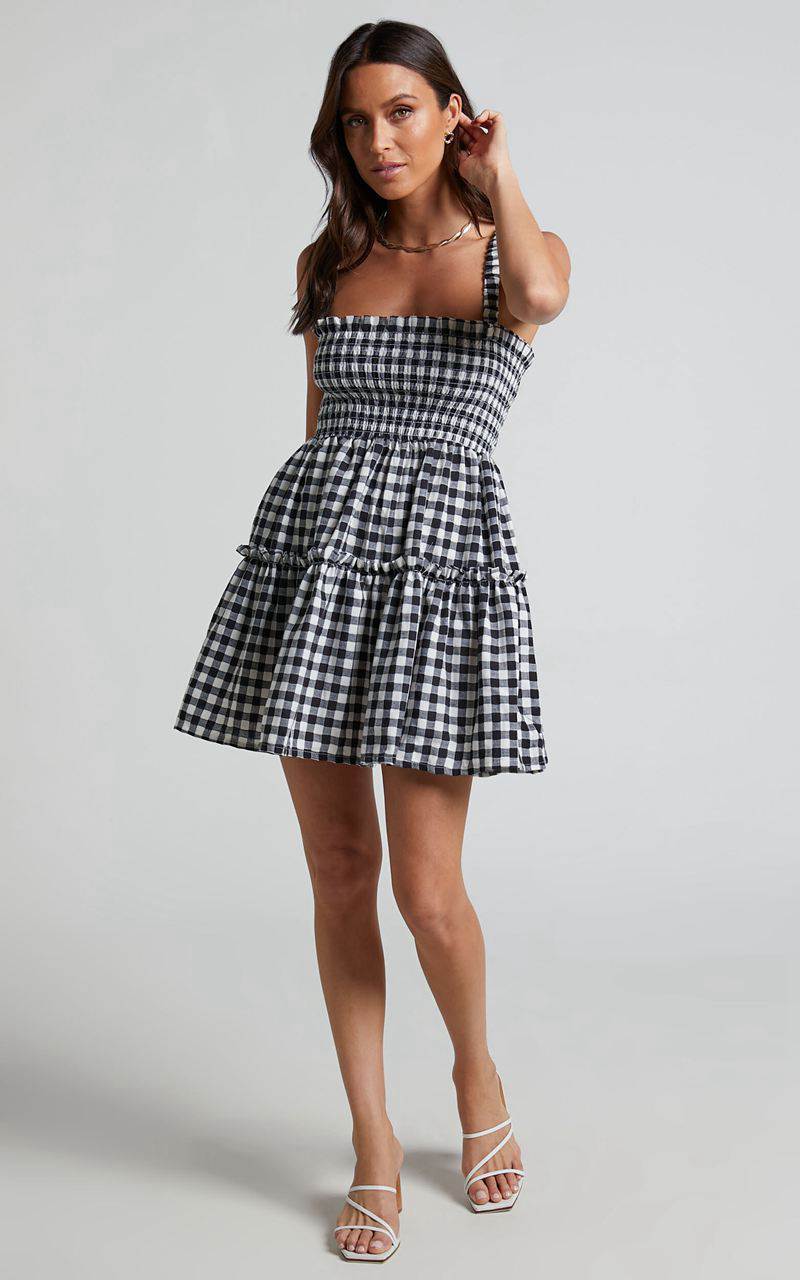 Showpo Wilda Mini Dress - Shirred Tiered Dress Black And White Check | TDRAOI021