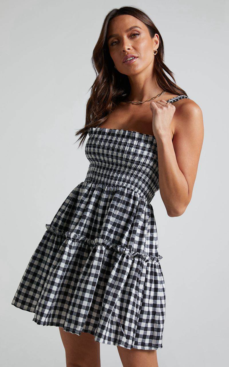 Showpo Wilda Mini Dress - Shirred Tiered Dress Black And White Check | TDRAOI021