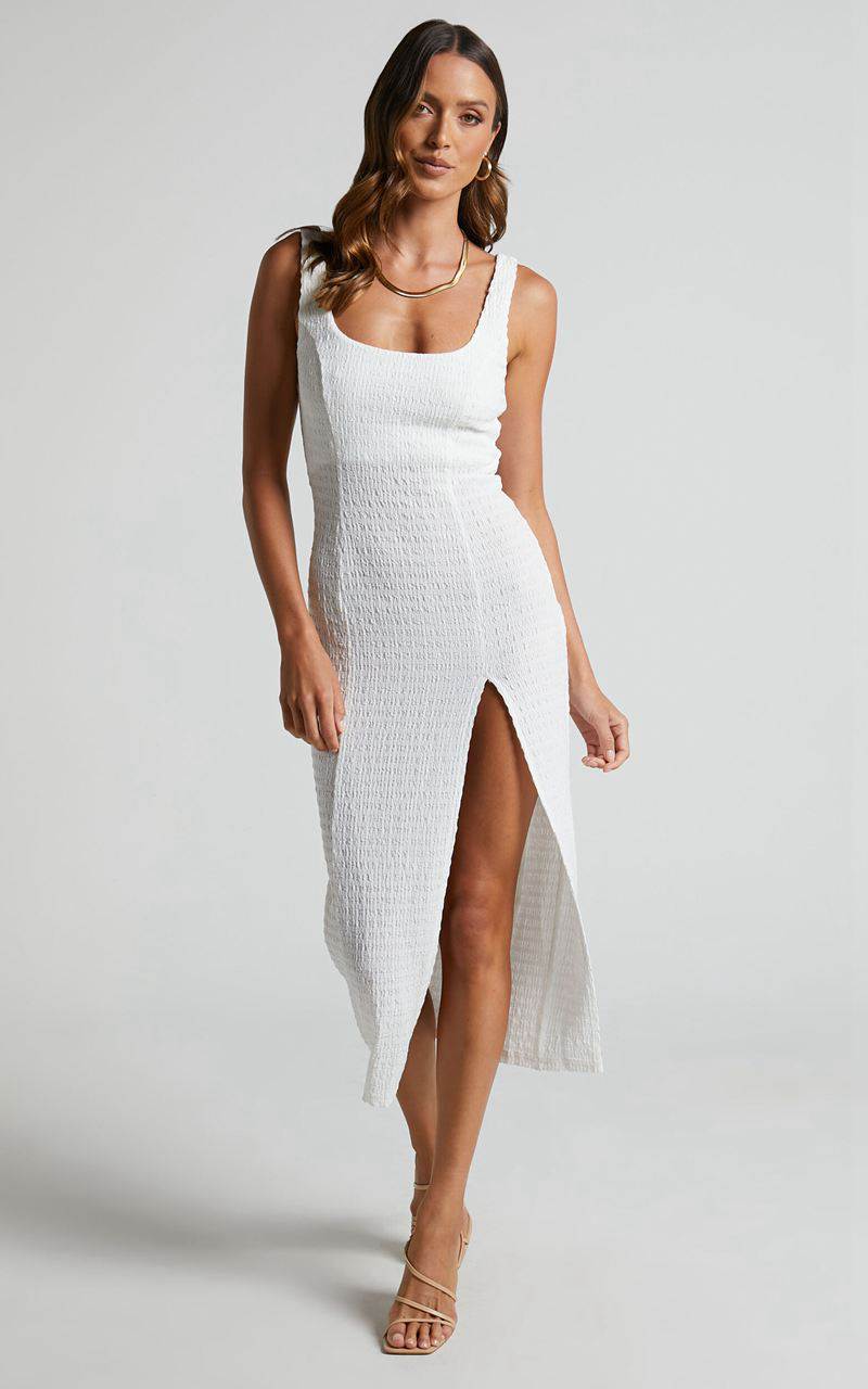 Showpo Wilder Midi Dress - Textured Thigh Split Bodycon Dress Off White | KXJGNZ816