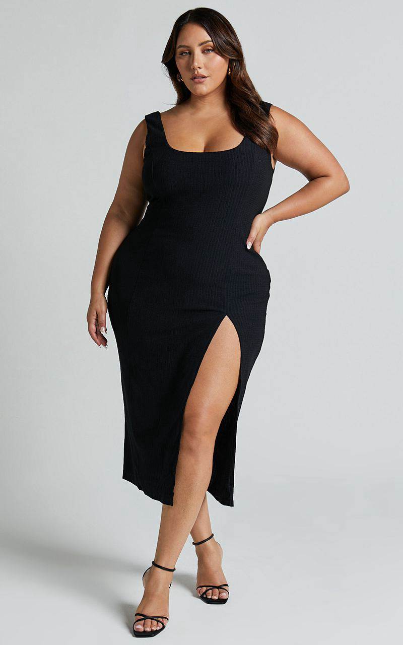 Showpo Wilder Midi Dress - Textured Thigh Split Bodycon Dress Black | DCJLUP483