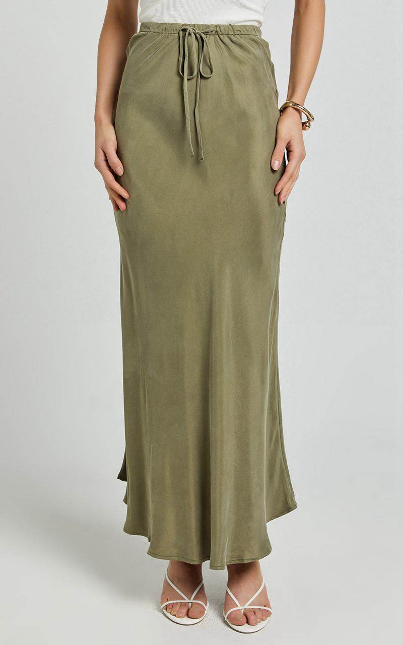 Showpo Wilhelmine Maxi Skirt - Cupro High Waisted Drawstring Slip Skirt Moss | IUMKHV461