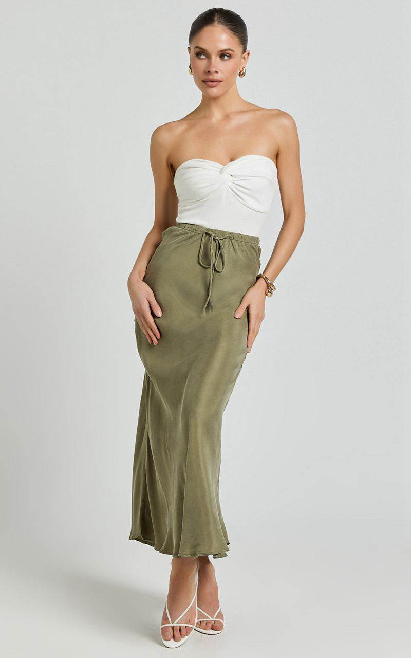 Showpo Wilhelmine Maxi Skirt - Cupro High Waisted Drawstring Slip Skirt Moss | IUMKHV461