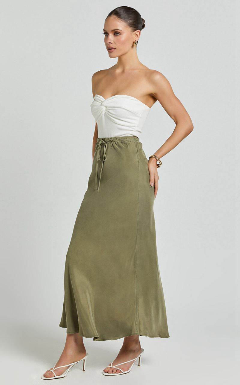 Showpo Wilhelmine Maxi Skirt - Cupro High Waisted Drawstring Slip Skirt Moss | IUMKHV461