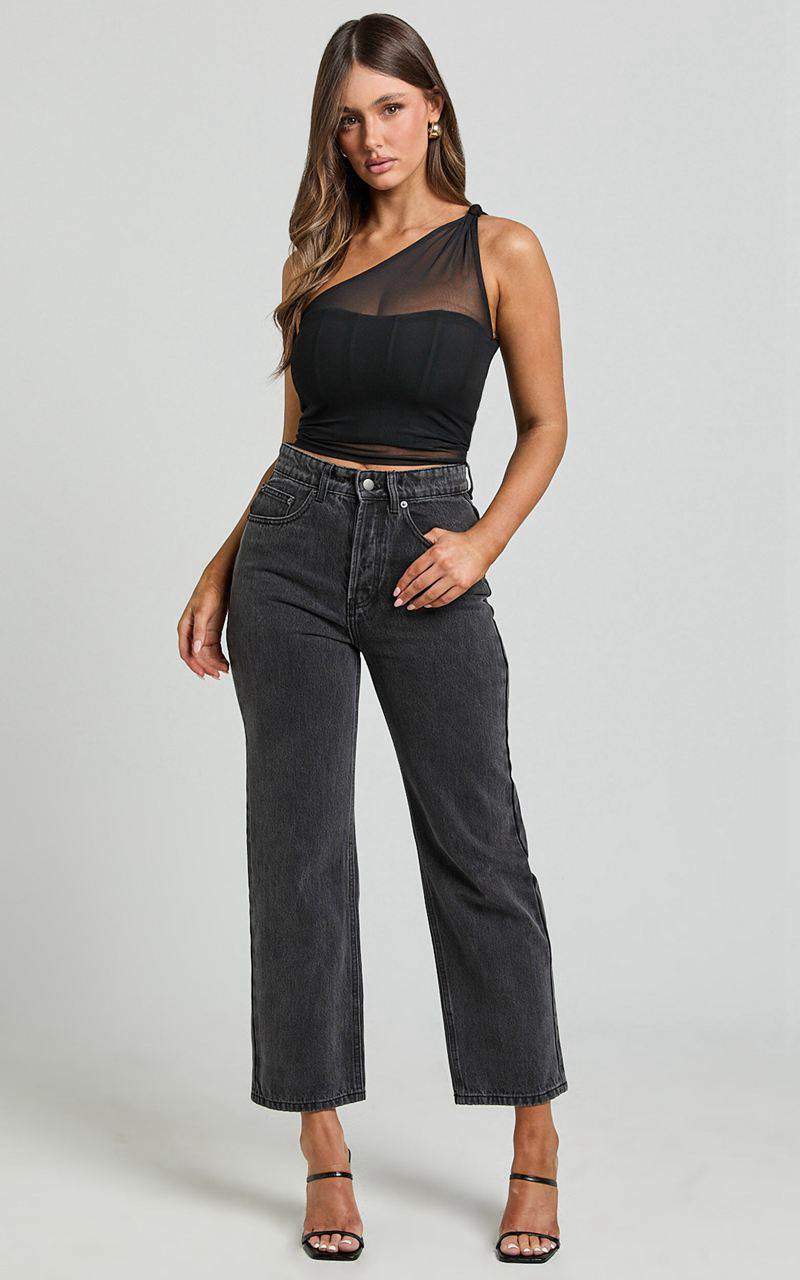 Showpo Wilkins Jeans - High Waisted Straight Leg Cropped Hem Jeans Washed Black | MOQTYC281