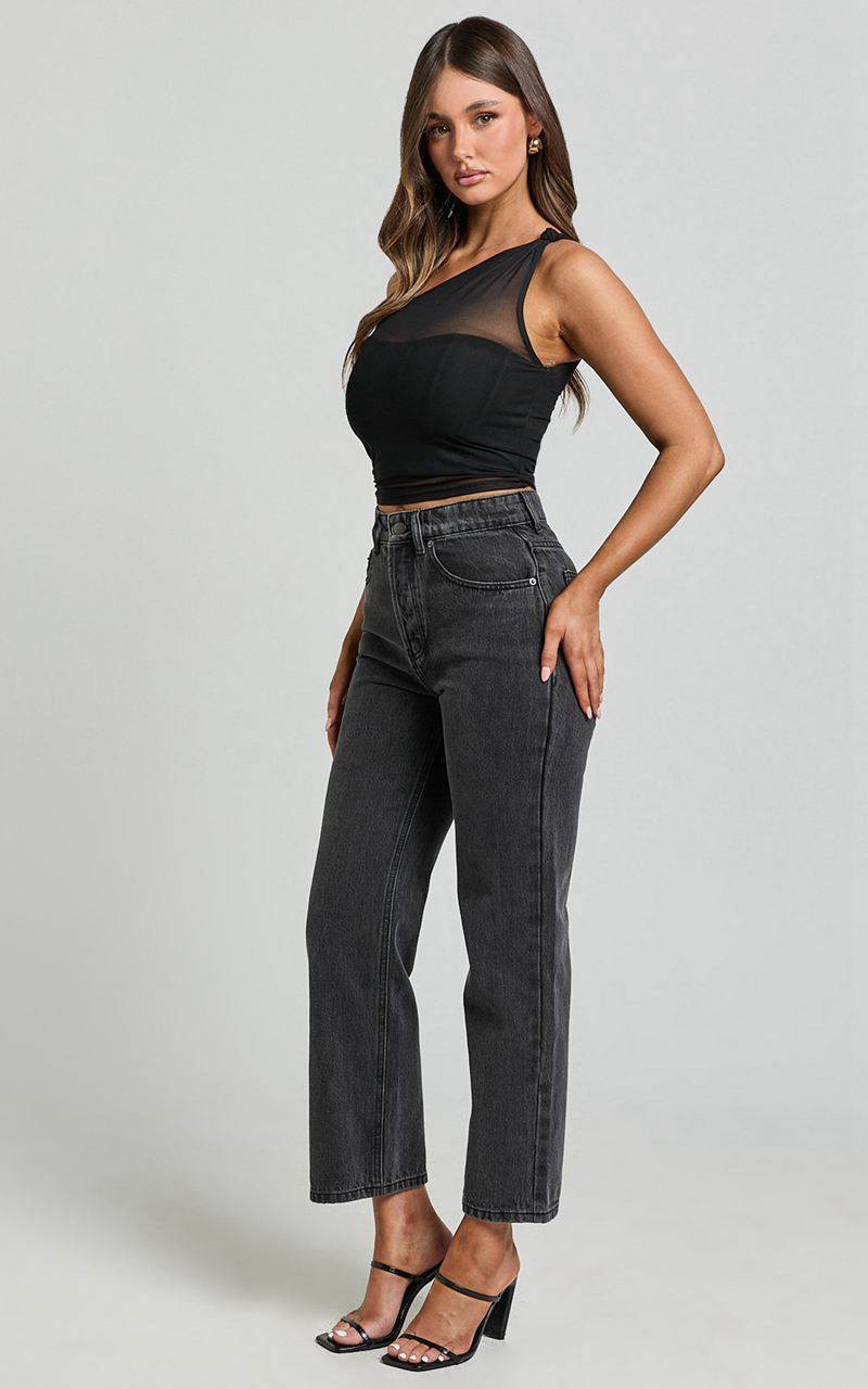 Showpo Wilkins Jeans - High Waisted Straight Leg Cropped Hem Jeans Washed Black | MOQTYC281