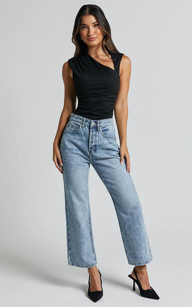 Showpo Wilkins Jeans - High Waisted Straight Leg Cropped Hem Jeans Mid Blue Wash | DJZGRN685