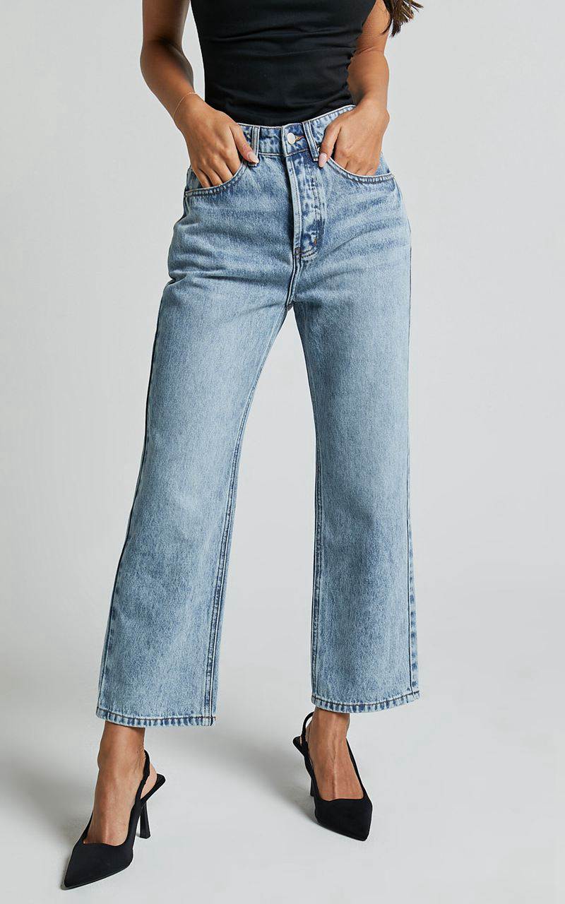 Showpo Wilkins Jeans - High Waisted Straight Leg Cropped Hem Jeans Mid Blue Wash | DJZGRN685