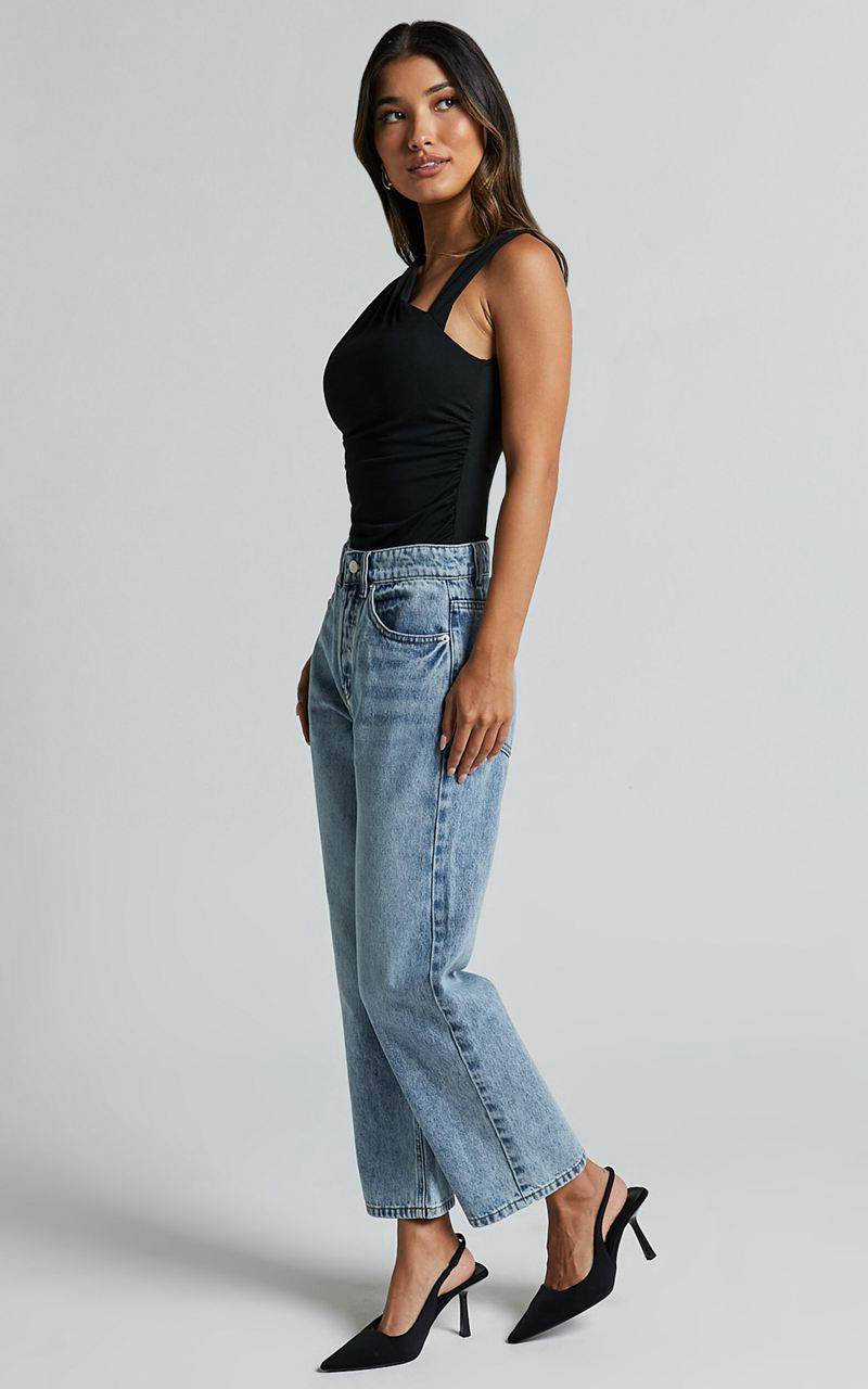 Showpo Wilkins Jeans - High Waisted Straight Leg Cropped Hem Jeans Mid Blue Wash | DJZGRN685