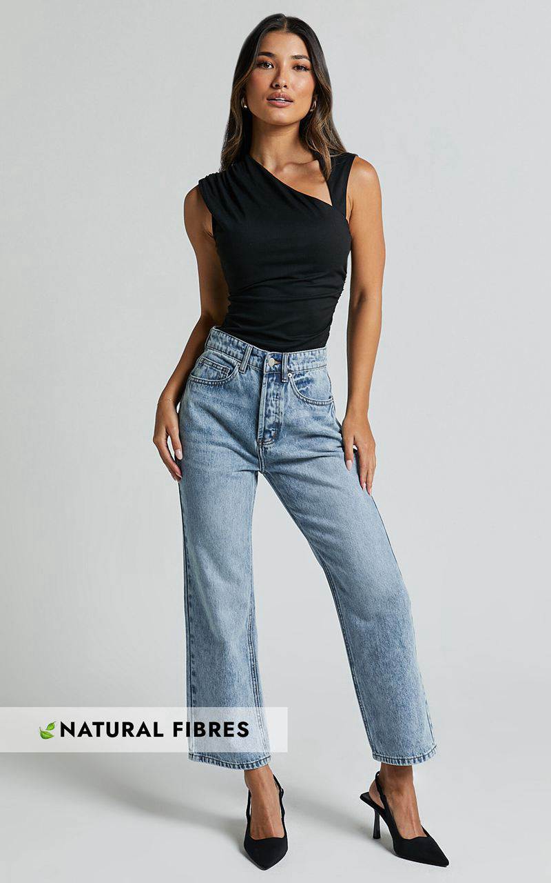 Showpo Wilkins Jeans - High Waisted Straight Leg Cropped Hem Jeans Mid Blue Wash | DJZGRN685