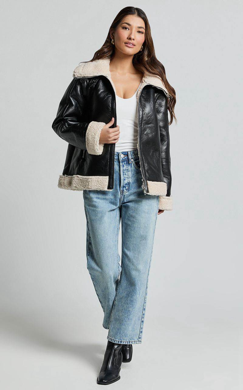 Showpo Willa Jacket - Faux Leather Shearling Aviator Jacket Black | SDGOFB528