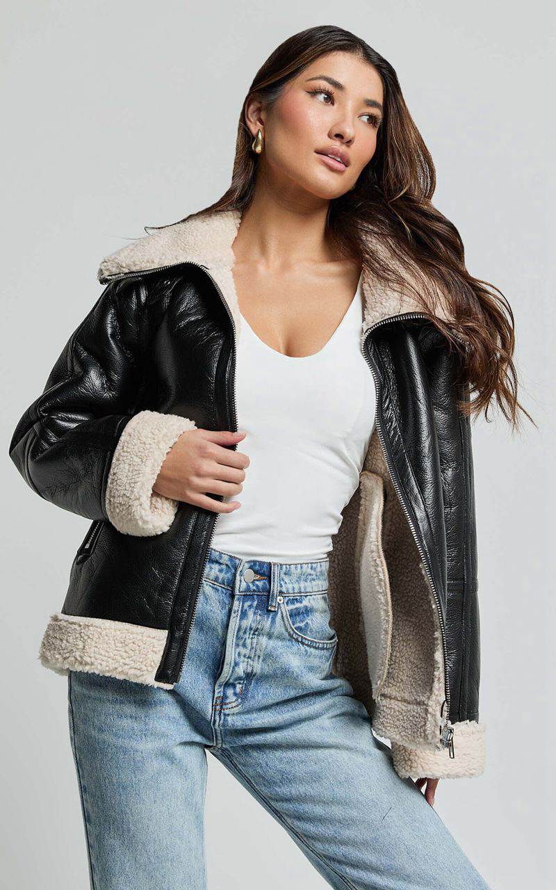 Showpo Willa Jacket - Faux Leather Shearling Aviator Jacket Black | SDGOFB528