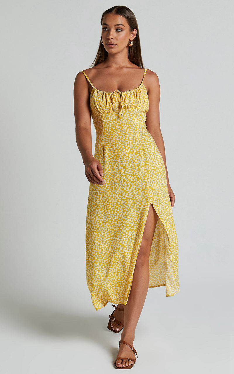 Showpo Willa Midi Dress - Ruched Bust Thigh Split Dress Yellow Floral | PCRYAK208