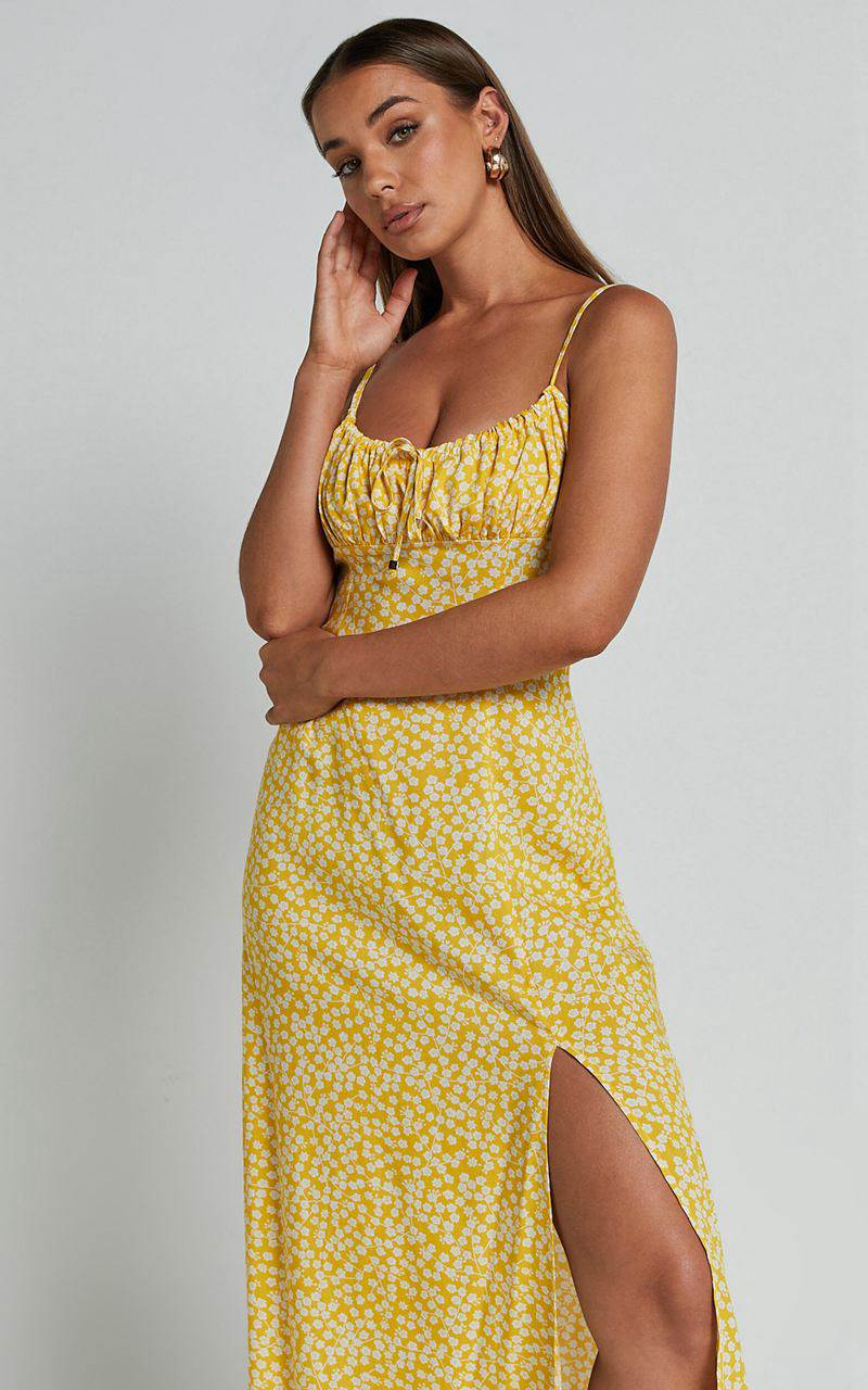 Showpo Willa Midi Dress - Ruched Bust Thigh Split Dress Yellow Floral | PCRYAK208