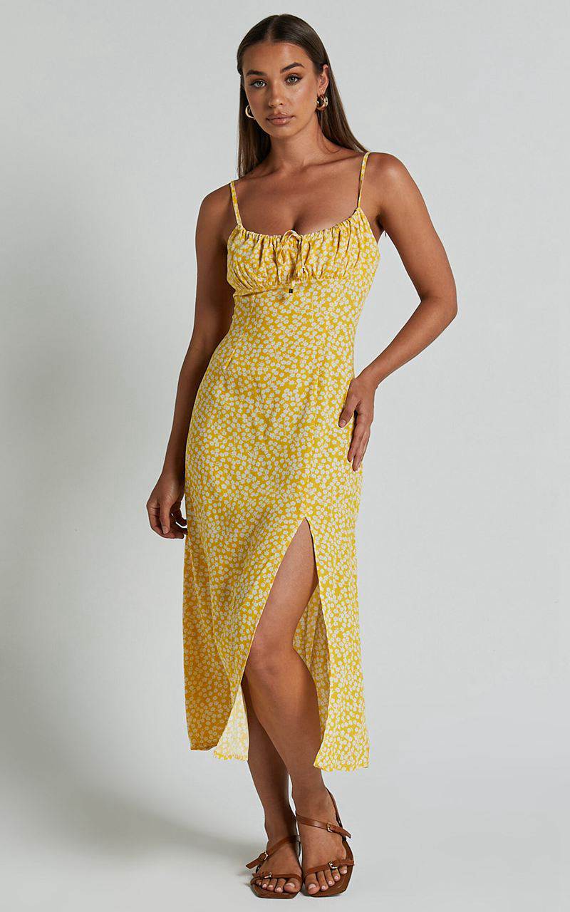 Showpo Willa Midi Dress - Ruched Bust Thigh Split Dress Yellow Floral | PCRYAK208