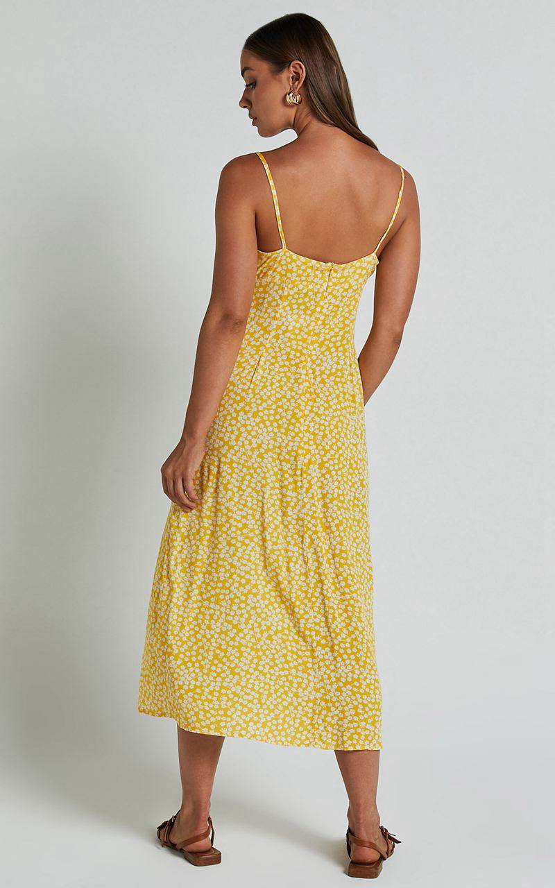 Showpo Willa Midi Dress - Ruched Bust Thigh Split Dress Yellow Floral | PCRYAK208