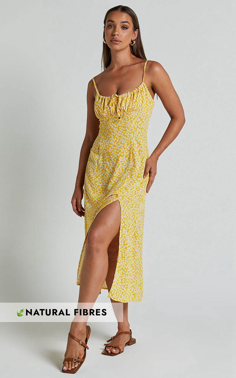 Showpo Willa Midi Dress - Ruched Bust Thigh Split Dress Yellow Floral | PCRYAK208