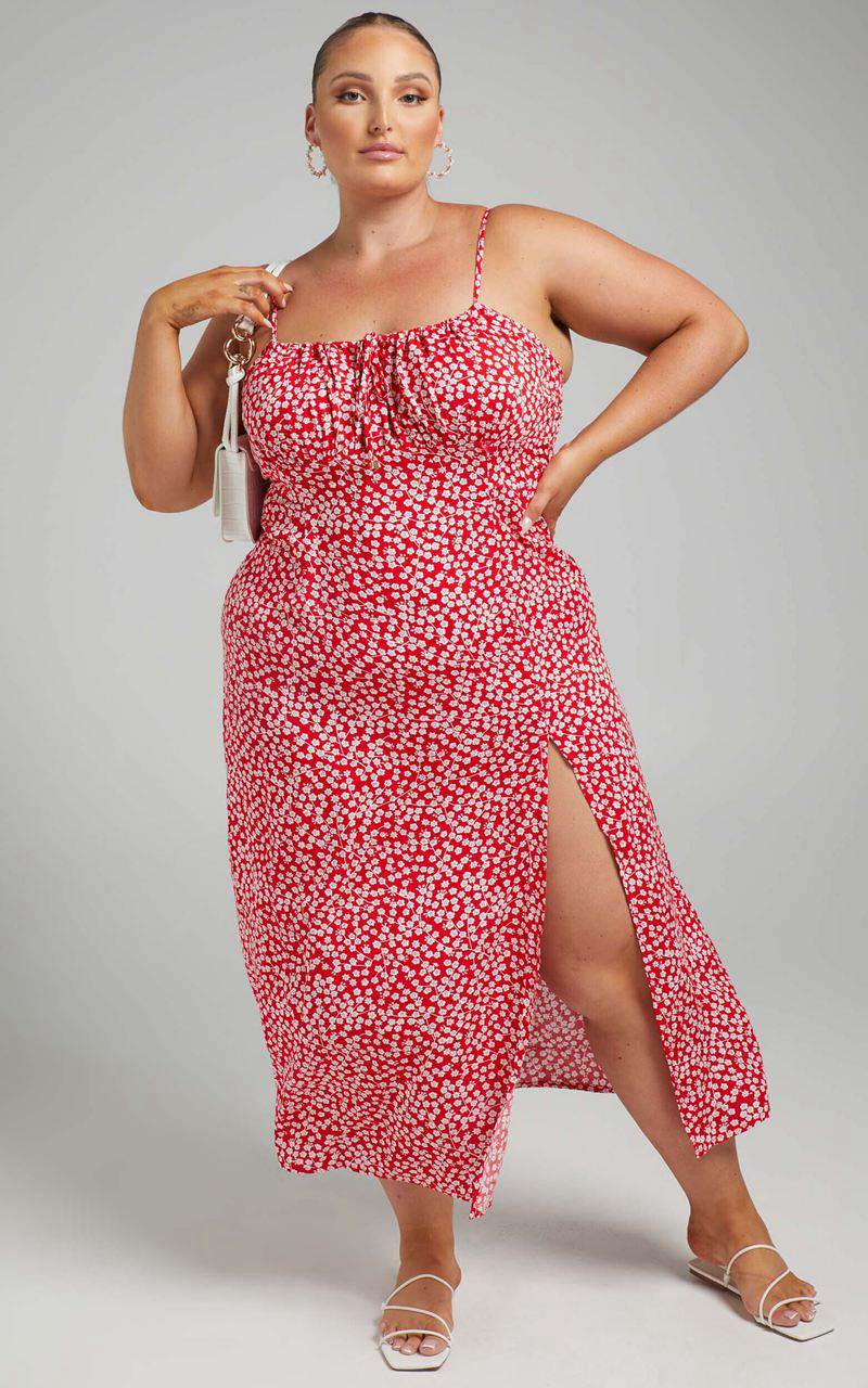 Showpo Willa Midi Dress - Ruched Bust Thigh Split Dress Red Floral | CRMJYD087