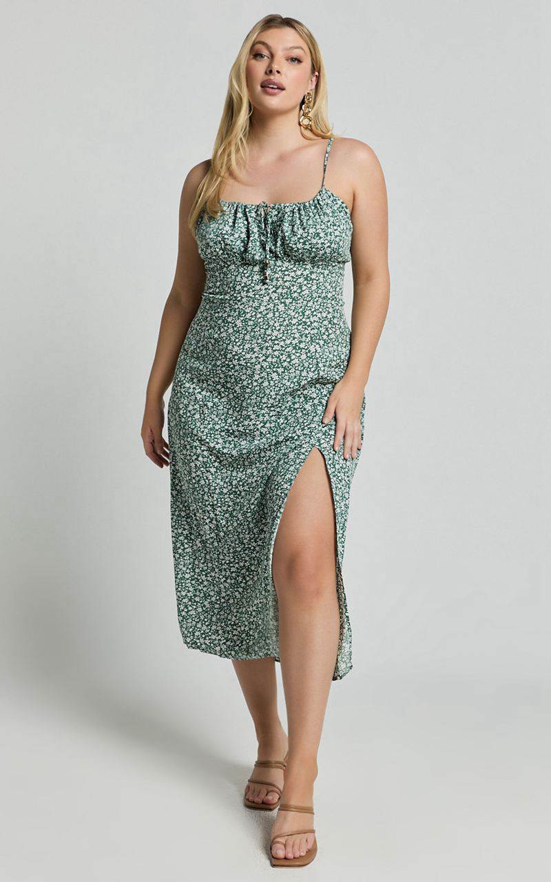 Showpo Willa Midi Dress - Ruched Bust Thigh Split Dress Olive Floral | YDFJEO813