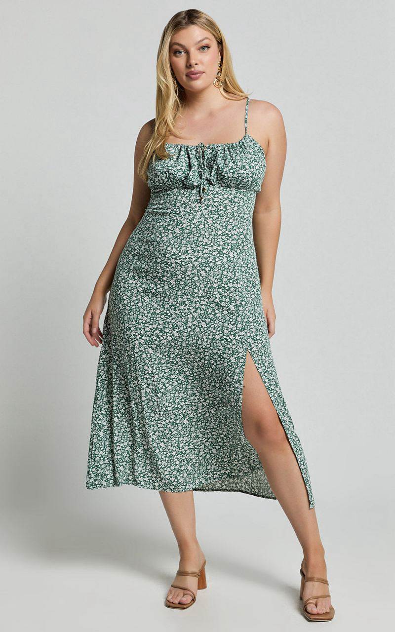 Showpo Willa Midi Dress - Ruched Bust Thigh Split Dress Olive Floral | YDFJEO813