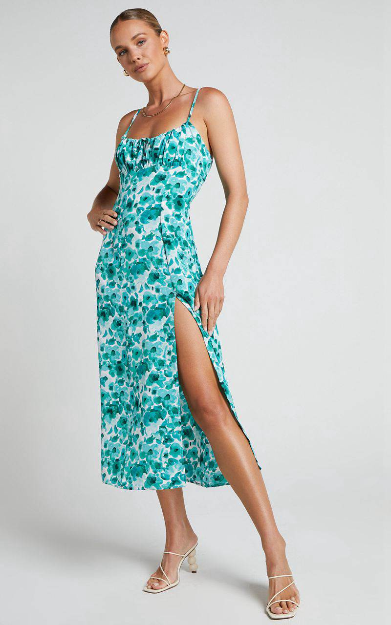 Showpo Willa Midi Dress - Ruched Bust Thigh Split Dress Blurred Turquoise Floral | TQOJBK172