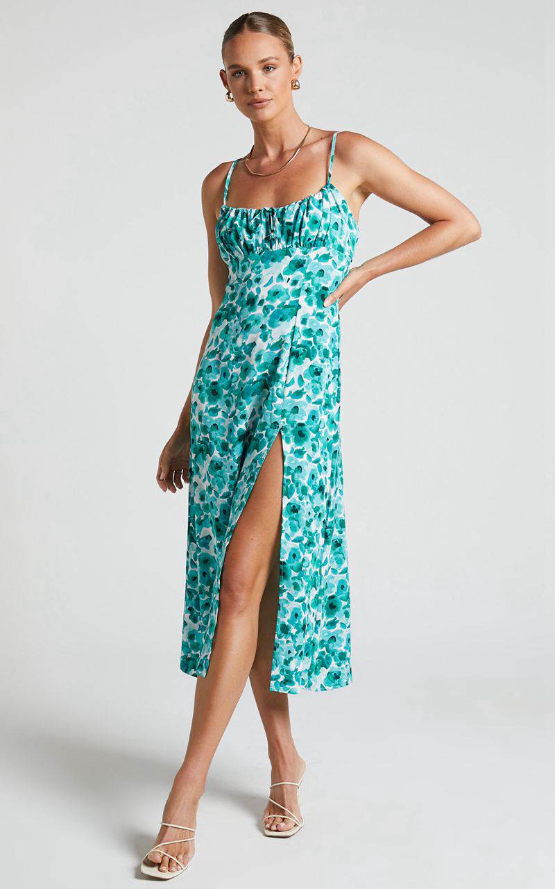 Showpo Willa Midi Dress - Ruched Bust Thigh Split Dress Blurred Turquoise Floral | TQOJBK172