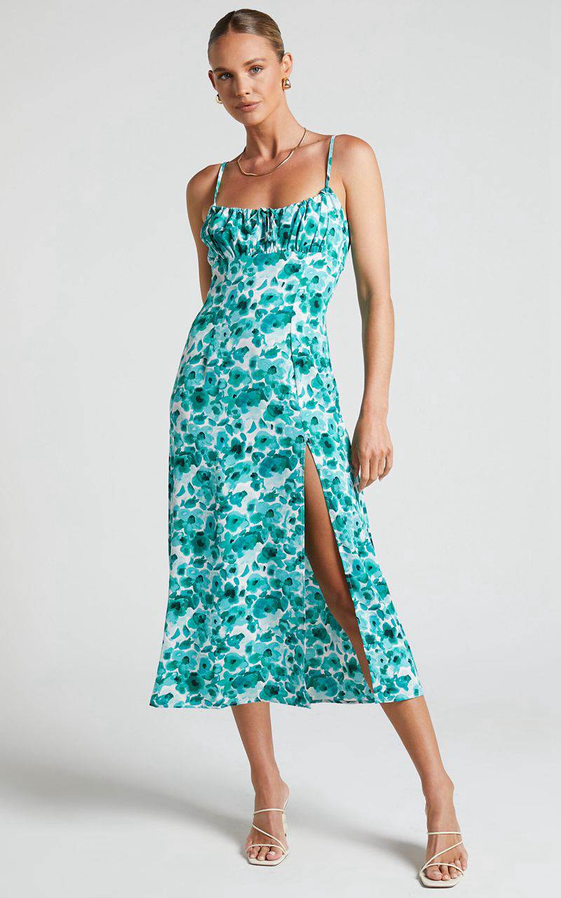 Showpo Willa Midi Dress - Ruched Bust Thigh Split Dress Blurred Turquoise Floral | TQOJBK172