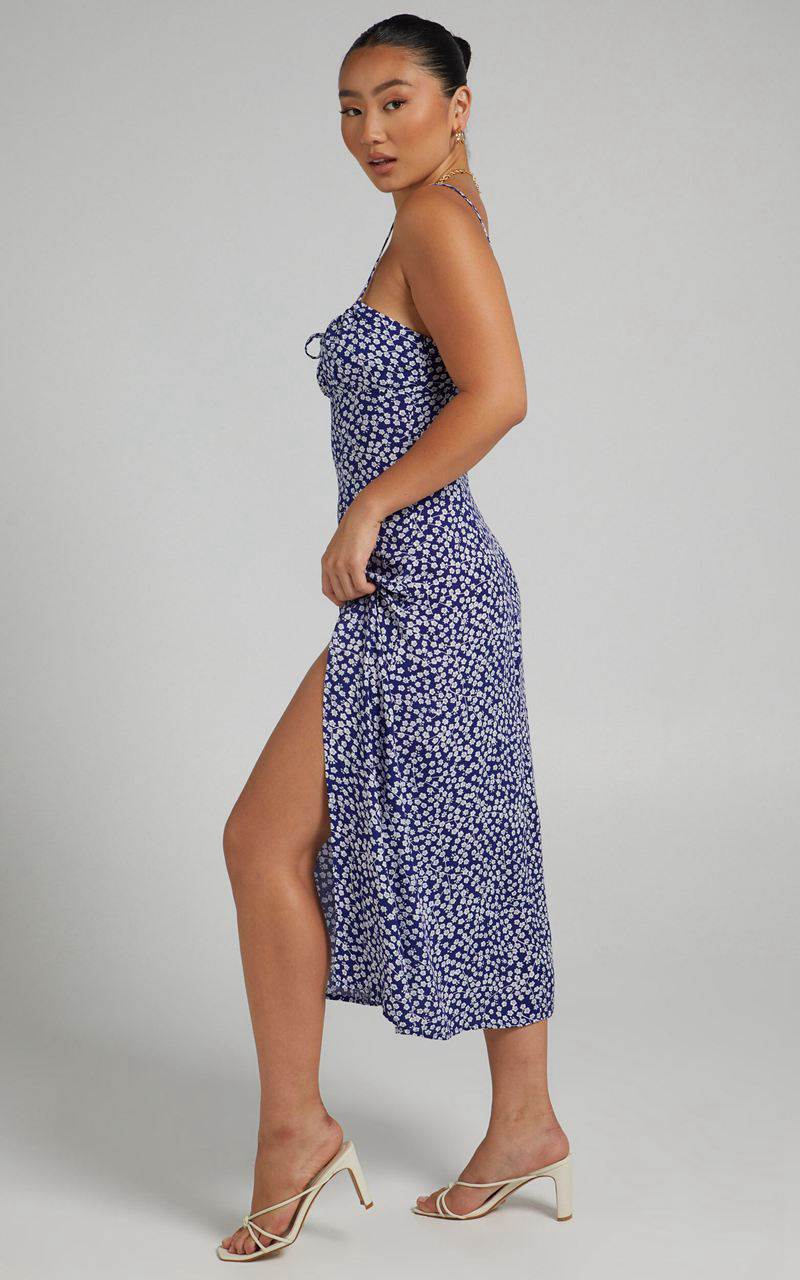 Showpo Willa Midi Dress - Ruched Bust Thigh Split Dress Blue Floral | NSMIXQ673