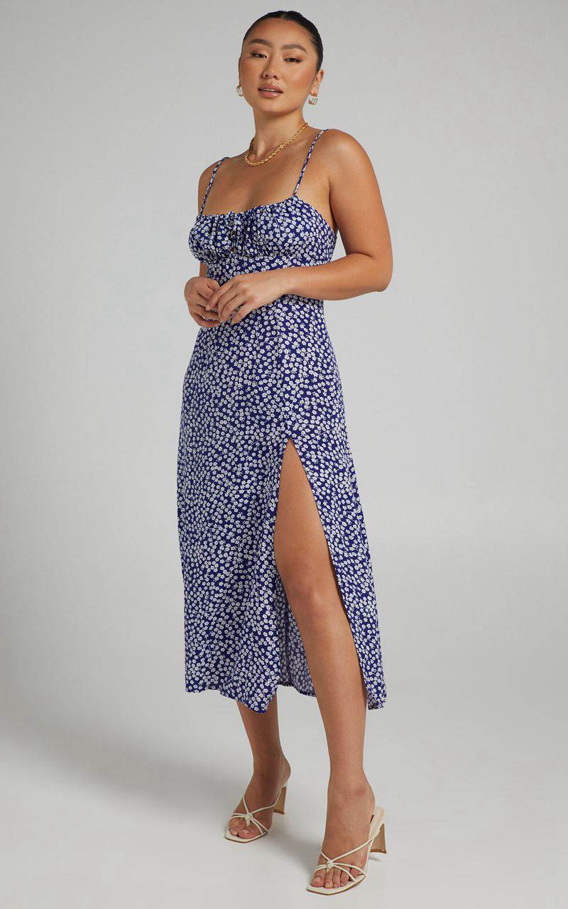 Showpo Willa Midi Dress - Ruched Bust Thigh Split Dress Blue Floral | NSMIXQ673