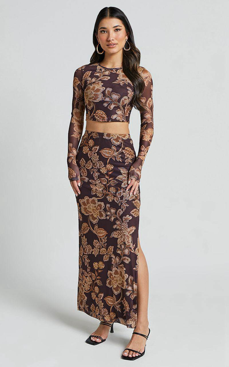 Showpo Willow Two Piece Set - Long Sleeve Top And Midi Skirt Mesh Set Amber Bloom Print | GAHCUX162