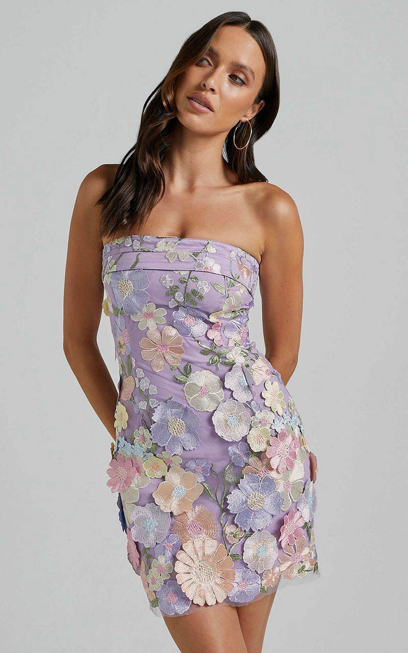 Showpo Wren Mini Dress - Strapless Bodycon Garden Flowers Dress Lilac | YOWETC217