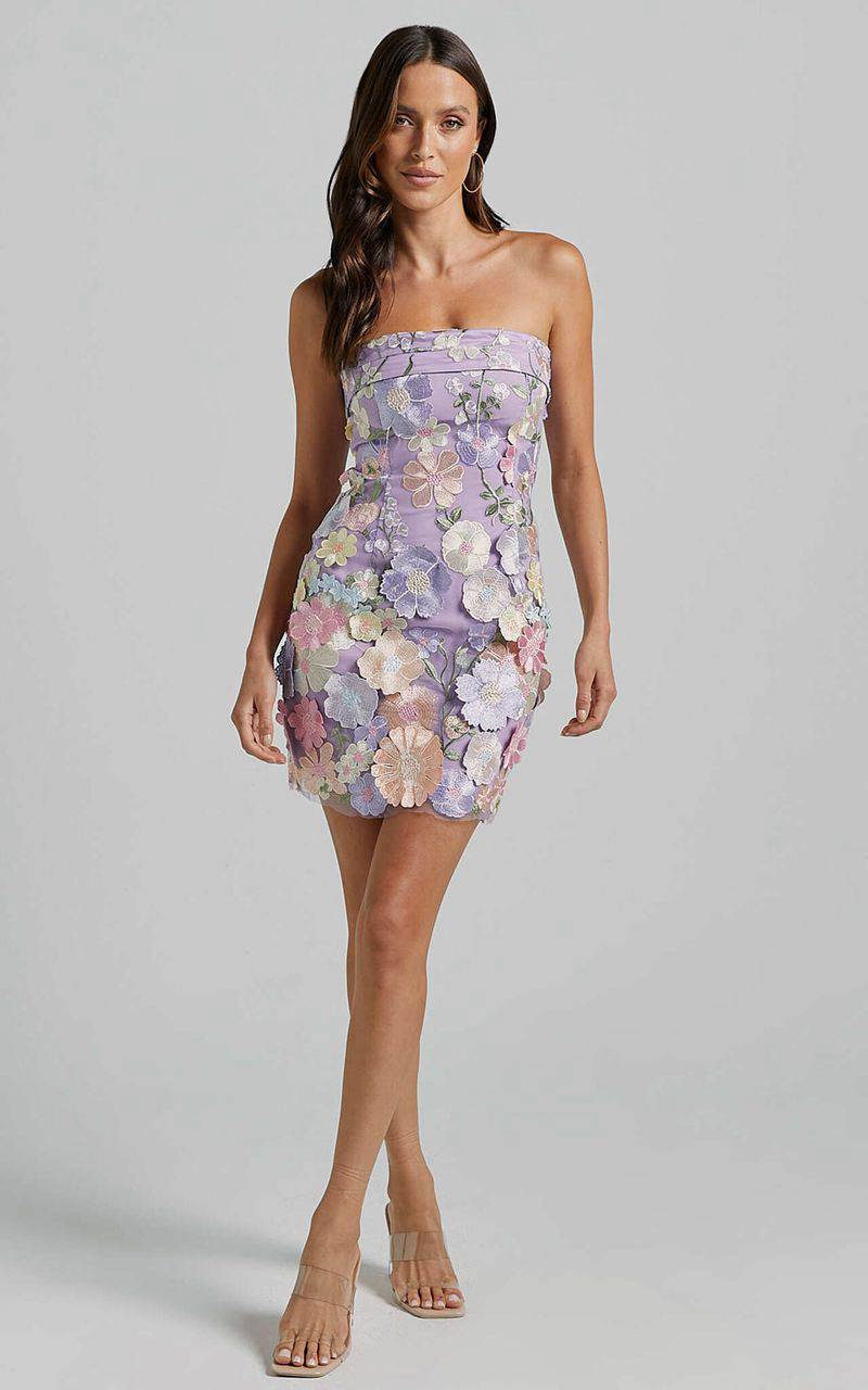 Showpo Wren Mini Dress - Strapless Bodycon Garden Flowers Dress Lilac | YOWETC217