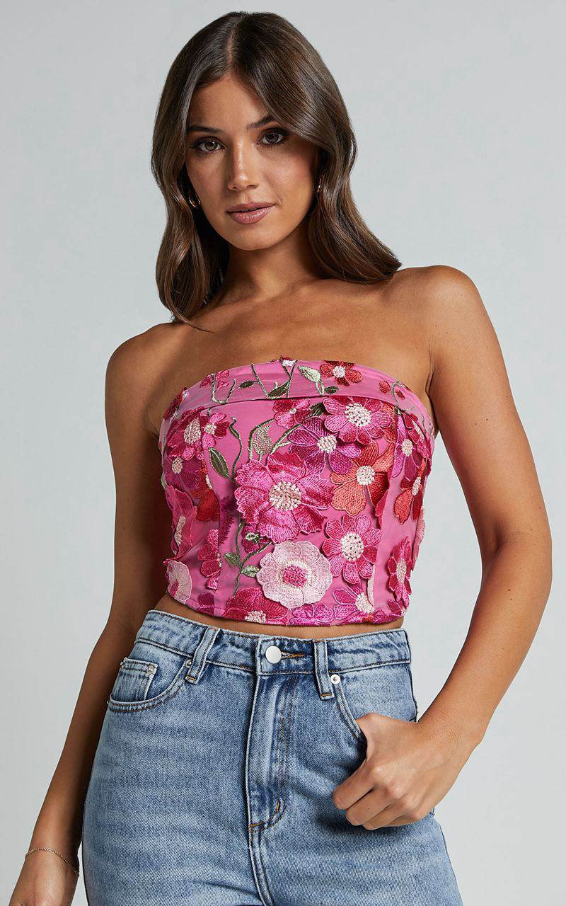 Showpo Wren Top - Strapless Garden Flowers Corset Top Magenta | DUMWJR574