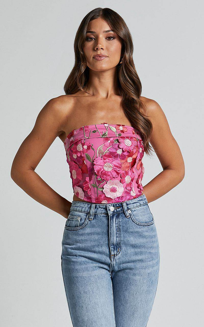 Showpo Wren Top - Strapless Garden Flowers Corset Top Magenta | DUMWJR574