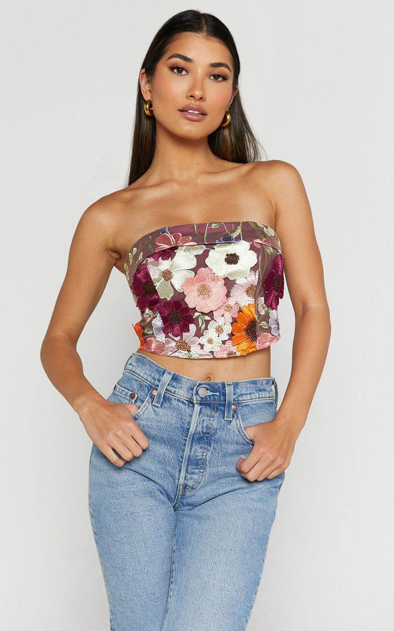 Showpo Wren Top - Strapless Garden Flowers Corset Top Burgundy | ZYPMHW327