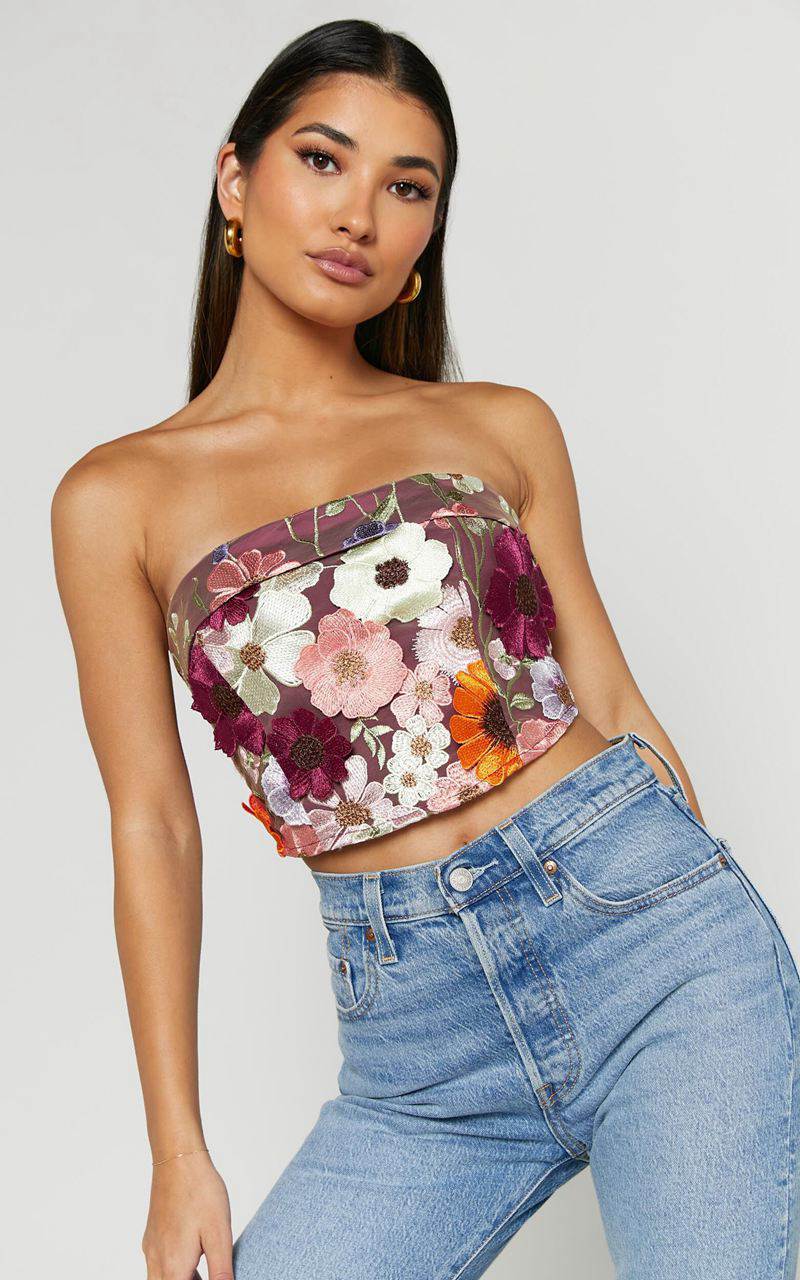 Showpo Wren Top - Strapless Garden Flowers Corset Top Burgundy | ZYPMHW327