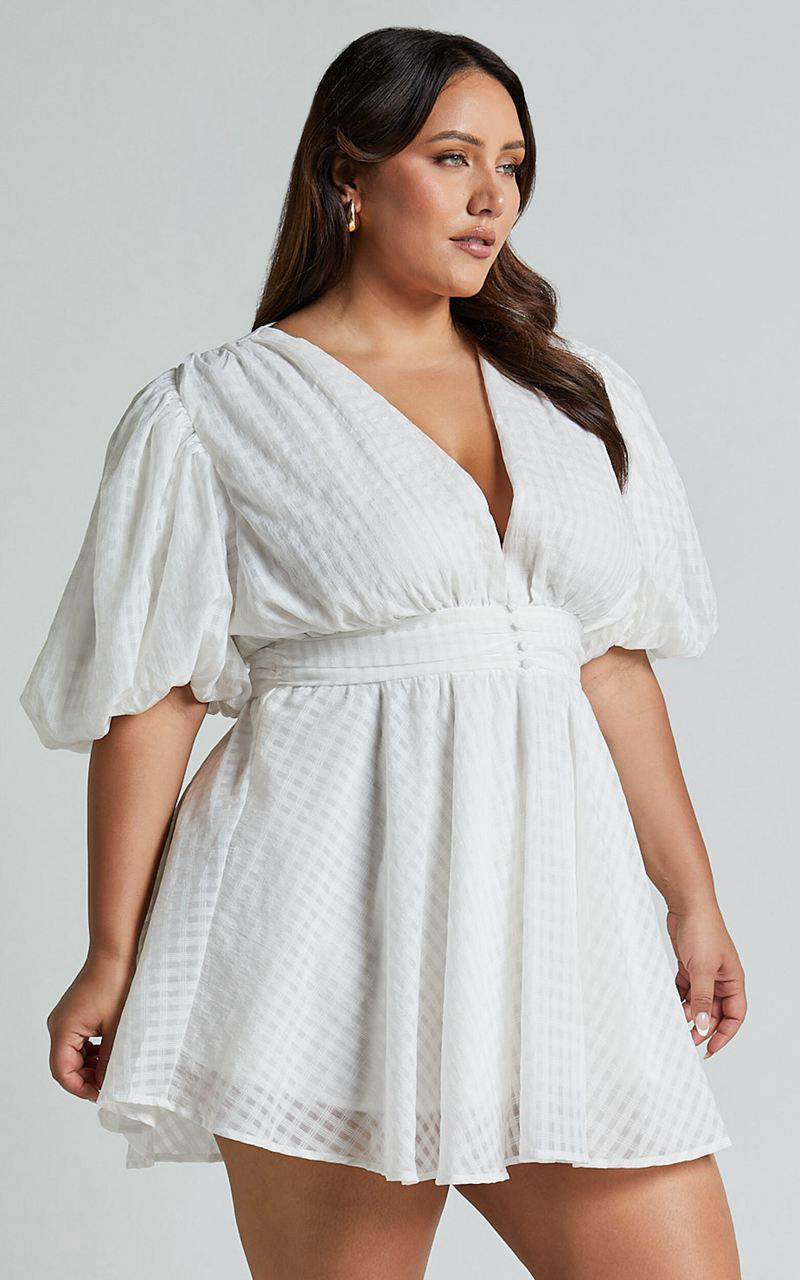 Showpo Xandy Mini Dress - Textured Puff Sleeve Plunge Dress White | DPWJLV561