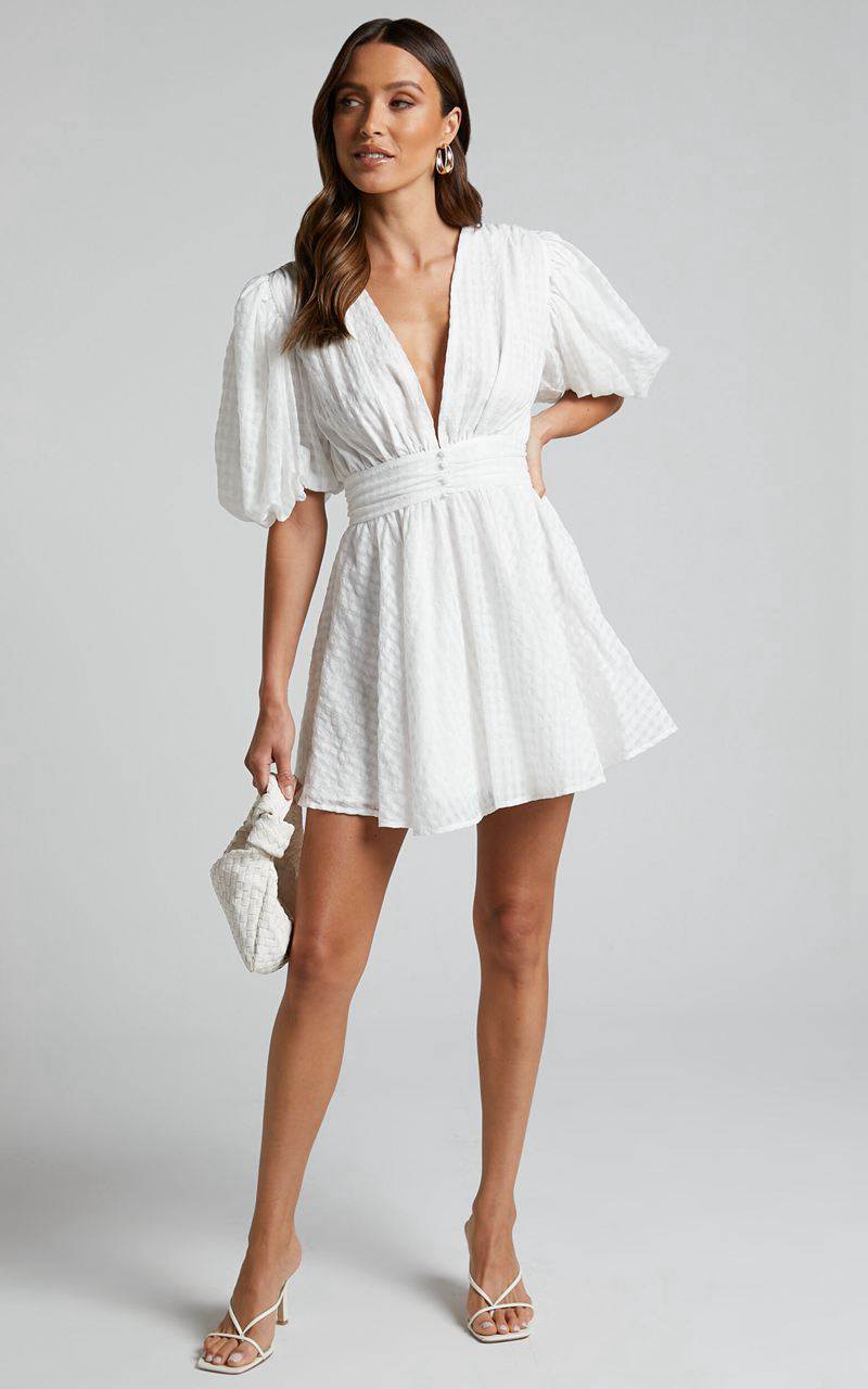 Showpo Xandy Mini Dress - Textured Puff Sleeve Plunge Dress White | DPWJLV561