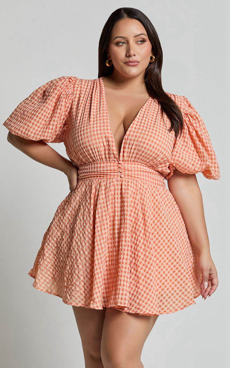 Showpo Xandy Mini Dress - Textured Puff Sleeve Plunge Dress Peach | TWHPIE580