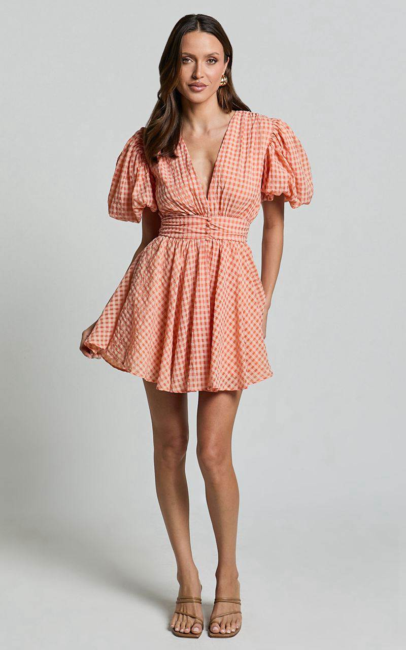 Showpo Xandy Mini Dress - Textured Puff Sleeve Plunge Dress Peach | TWHPIE580