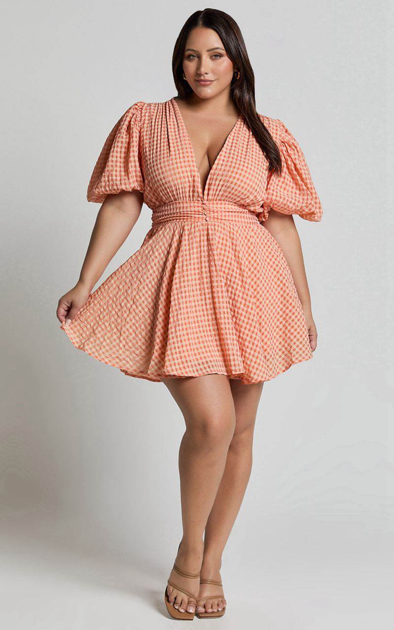 Showpo Xandy Mini Dress - Textured Puff Sleeve Plunge Dress Peach | TWHPIE580