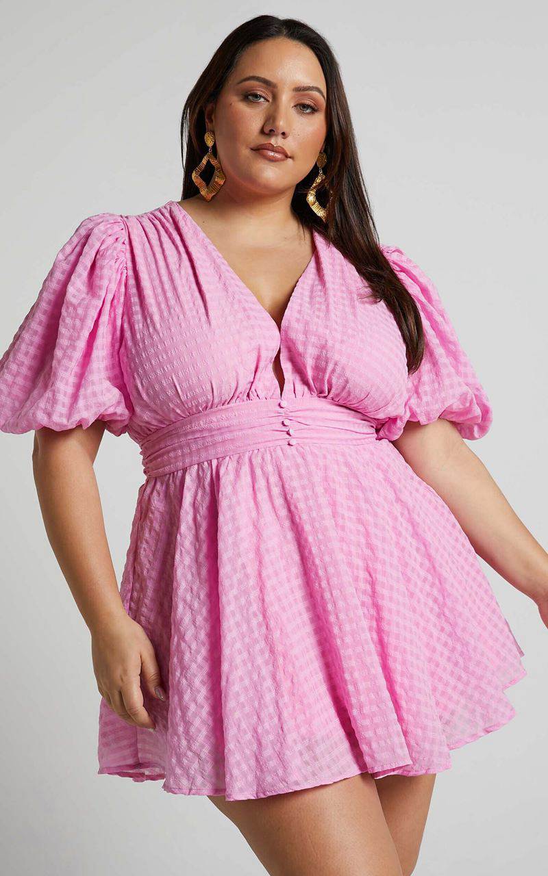 Showpo Xandy Mini Dress - Textured Puff Sleeve Plunge Dress Pink | HPVQEG308