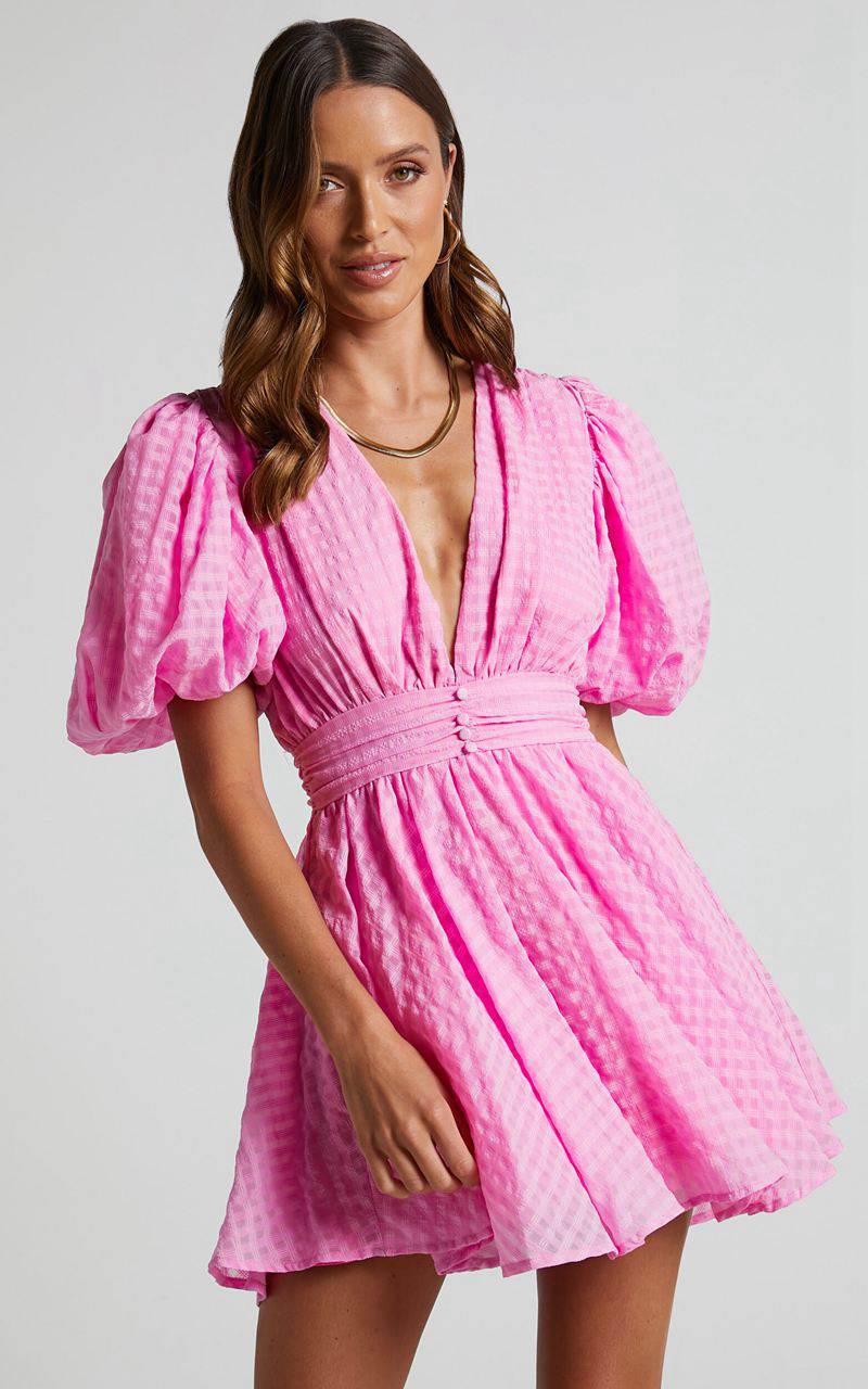 Showpo Xandy Mini Dress - Textured Puff Sleeve Plunge Dress Pink | HPVQEG308