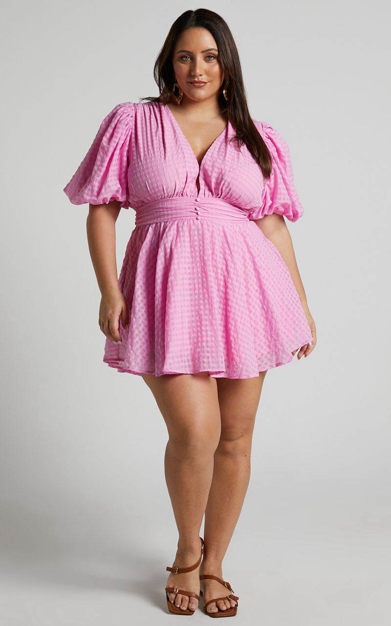 Showpo Xandy Mini Dress - Textured Puff Sleeve Plunge Dress Pink | HPVQEG308