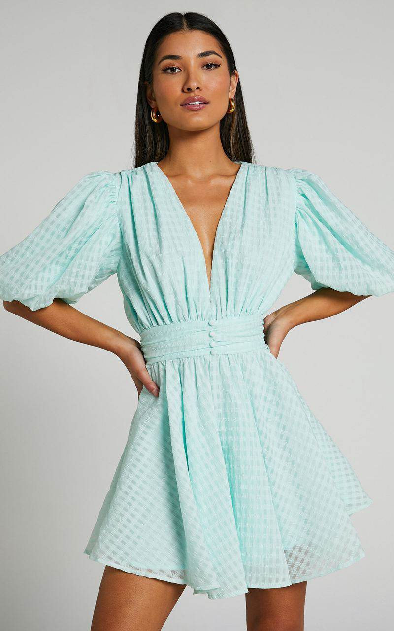 Showpo Xandy Mini Dress - Textured Puff Sleeve Plunge Dress Mint | CVSTEA548