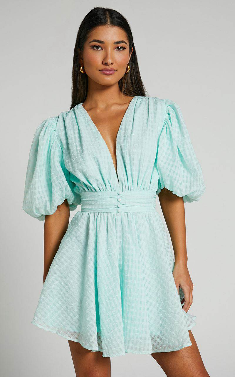 Showpo Xandy Mini Dress - Textured Puff Sleeve Plunge Dress Mint | CVSTEA548