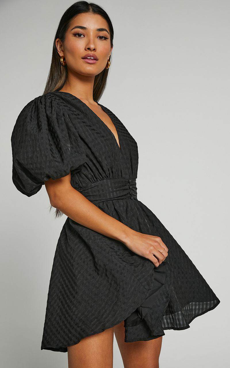 Showpo Xandy Mini Dress - Textured Puff Sleeve Plunge Dress Black | YCUWJQ975