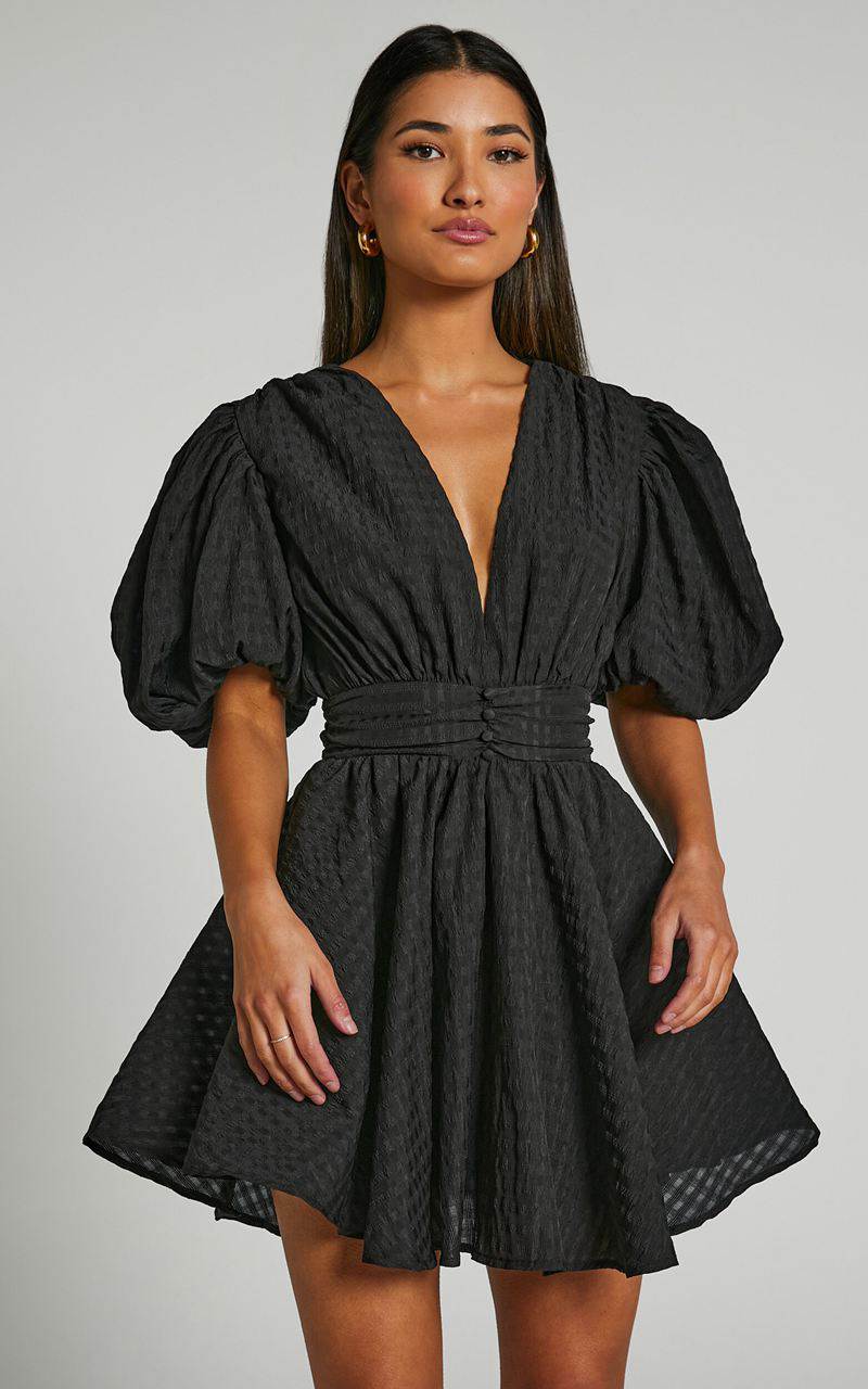 Showpo Xandy Mini Dress - Textured Puff Sleeve Plunge Dress Black | YCUWJQ975